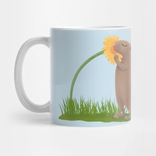 Cute prairie dog sniffing flower cartoon illustration Mug